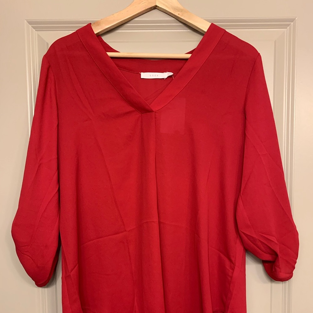 Red Lush Split Neck Roll Sleeve Tunic Blouse